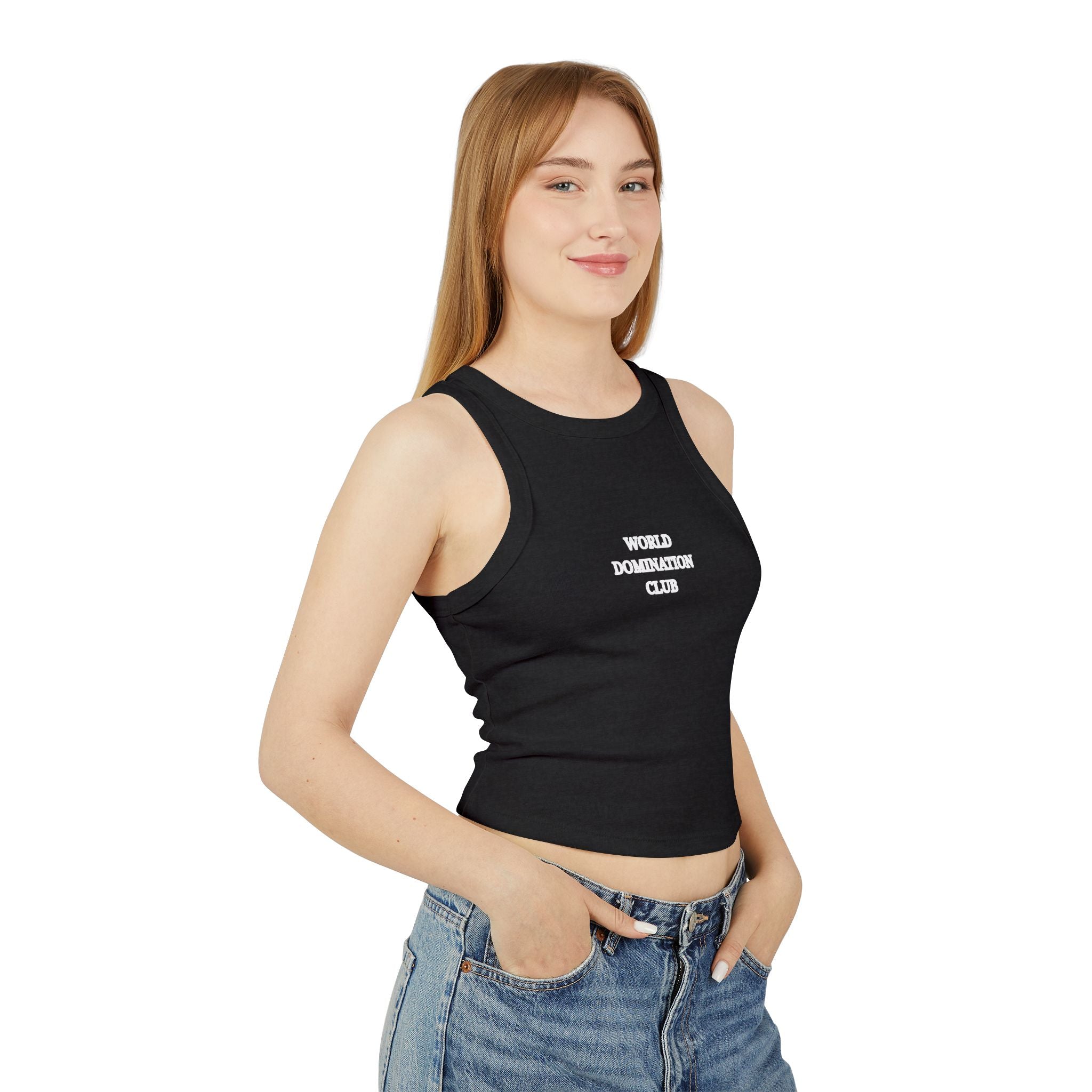 World Dominatrix Club Racer Tank Top — Edgy Goth Crop Tank for Women